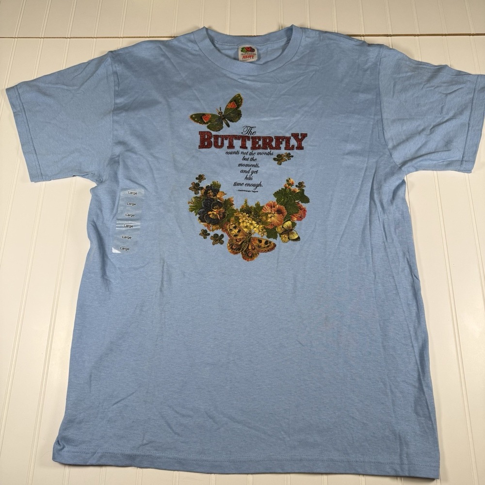 Vintage Butterfly 100% Cotton T-Shirt Womens Large Blue Nature Art 90s
